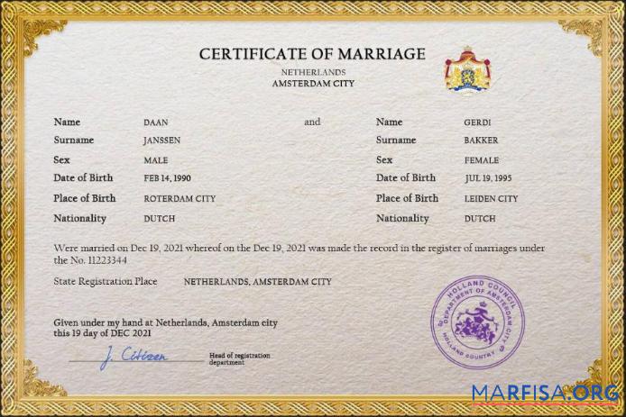 Realistic Netherlands marriage certificate PSD template